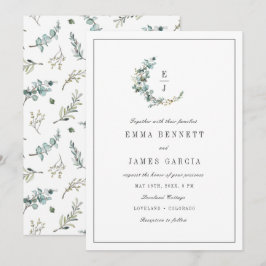 Sage Watercolor Eucalyptus Krans Monogram Bröllop Inbjudningar