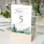 Sage Watercolor Mountain Forest Rustic Wedding Bordsnummer<br><div class="desc">Watercolor lush green pine forest,  teal river,  and misty mountain with sage modern script,   elegant and romantic,  great table number cards for boho rustic wedding and mountain forest destination wedding in spring and summer.</div>