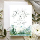 Sage Watercolor Mountain Forest Rustic Wedding Spara Datumet<br><div class="desc">Watercolor lush green pine forest,  teal river,  and misty mountain with sage modern script,   elegant and romantic,  great save the date cards for boho rustic wedding and mountain forest destination wedding in spring and summer.</div>