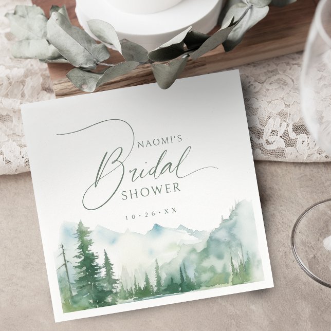 Sage Watercolor Mountain Rustic Bridal Shower  Pappersservett (Sage Watercolor Mountain Rustic Bridal Shower Napkins)