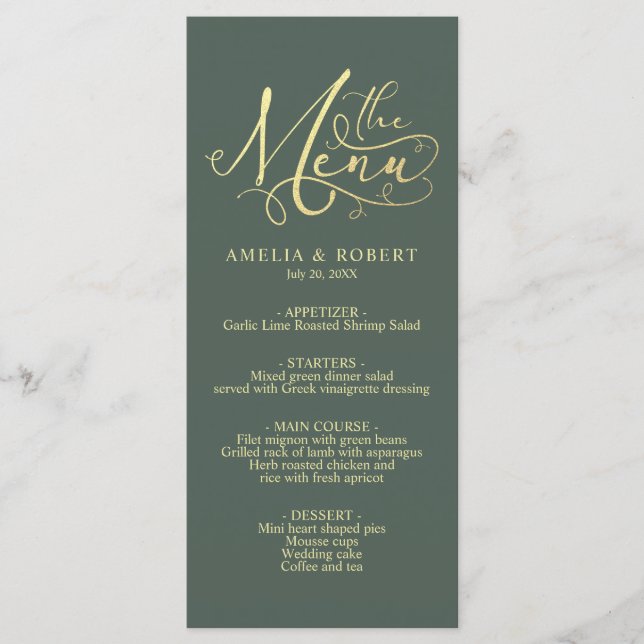 Sage Whimsical Elegant Guld Calligraphy Menu Meny (Framsida)