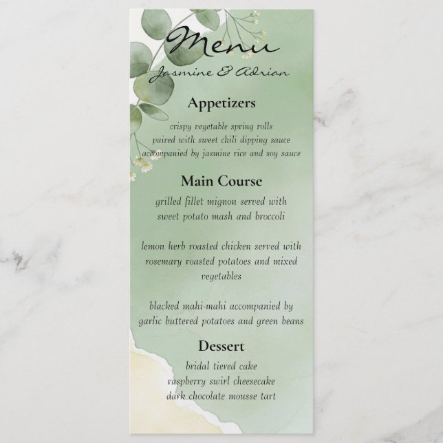 Sage Whisper Botanisk Bröllopsmeny Meny (Framsida)