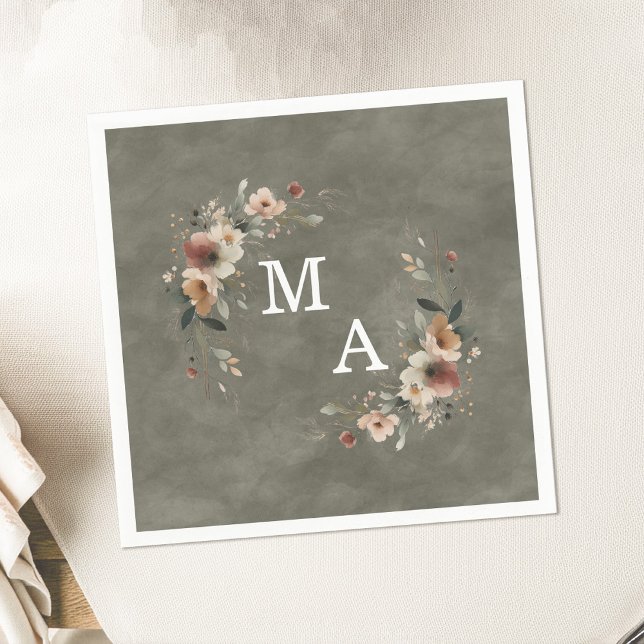 Sage Whisper Grönt Blommigt Utandning Bröllop Mono Pappersservett (Wrap your celebration in elegance with our monogrammed napkins in 6 rustic hues.)