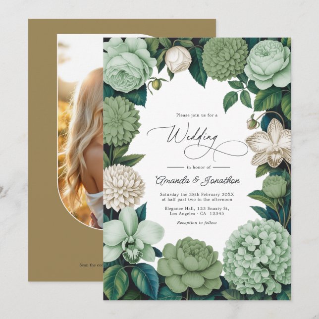 Sage Whisper, Linen Ivory & Olive Mist Bröllop Inbjudningar (Fram/baksida)
