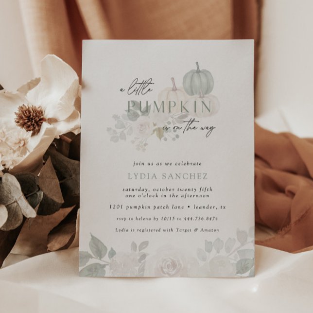 Sage & White - Blommigt Pumpkin Fall Baby Shower Inbjudningar (Elegant modern fall baby shower designs.)