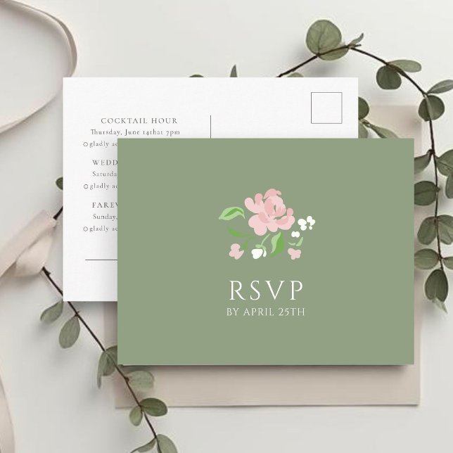 Sage & White | Chic Bröllop RSVP Svar Postkort Vykort (Skapare uppladdad)