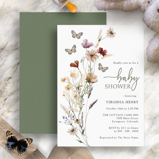 Sage WildblomButterfly Baby Shower Inbjudningar (Boho Wildflower Butterfly Sage Green Baby Shower Invitation )