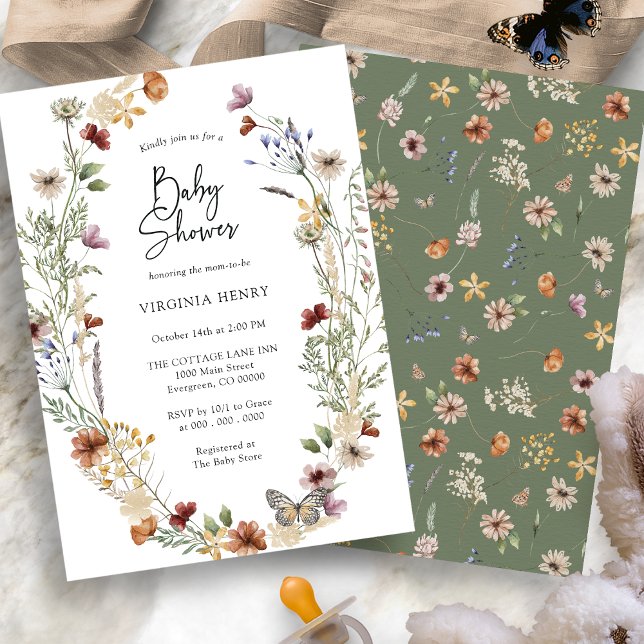 Sage Wildblomma Baby Shower-inbjudan Inbjudningar (Sage Green Boho Wildflower Baby Shower Invitation by Painted Paperie
)