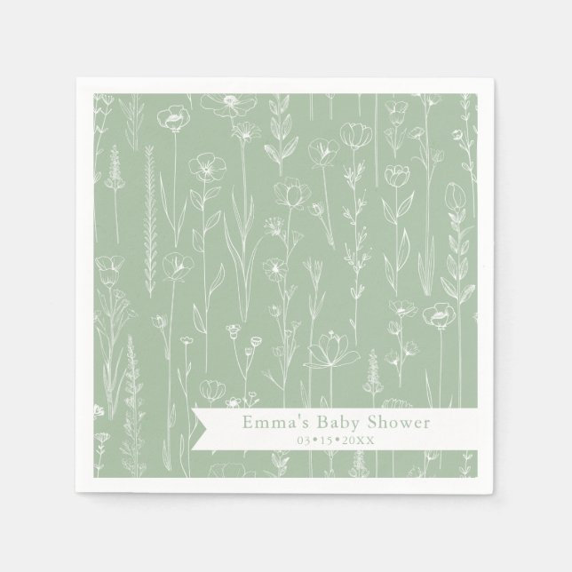Sage Wildflower Baby Shower | Blommönster Pappersservett (Framsidan)