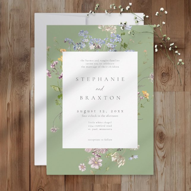 Sage Wildflower Garden Elegant Wedding Inbjudningar (Sage Wildflower Garden Elegant Wedding Invitation)