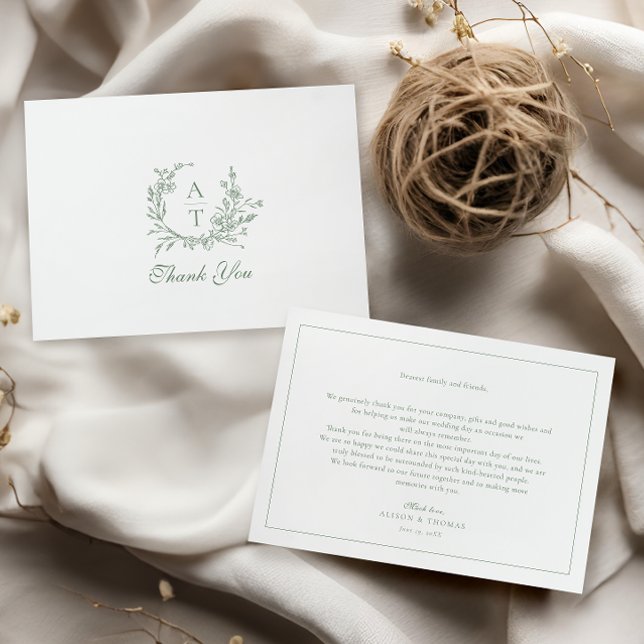 Sage Wildflower Monogram Bröllop Tacksamhetskort Tack Kort (Skapare uppladdad)