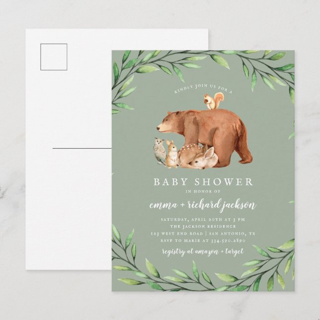 Sage Woodland Greenery Forest Animals Baby Shower Inbjudan Vykort (Fram/baksida)
