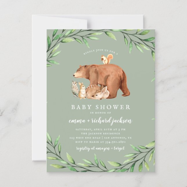 Sage Woodland Greenery Forest Animals Baby Shower Magnetisk Inbjudningskort (Framsida)
