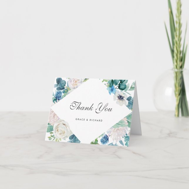 Sageblå Blommig Bröllop Tackkort (Framsida)