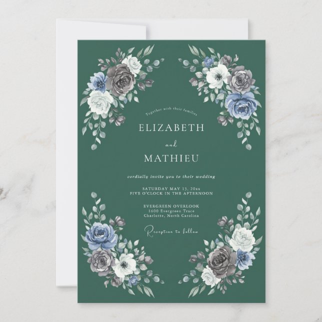 Sageblå blomsterkrans bröllop inbjudningar (Framsida)