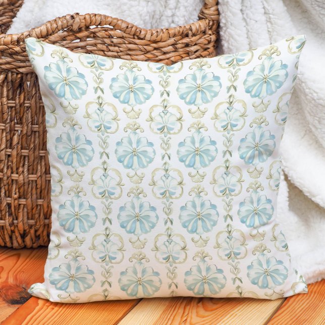 Sageblå Elfenbensfärgad Blommig Vår Sommar Kudde (Sage Blue Ivory Floral Spring Summer Throw Pillow)