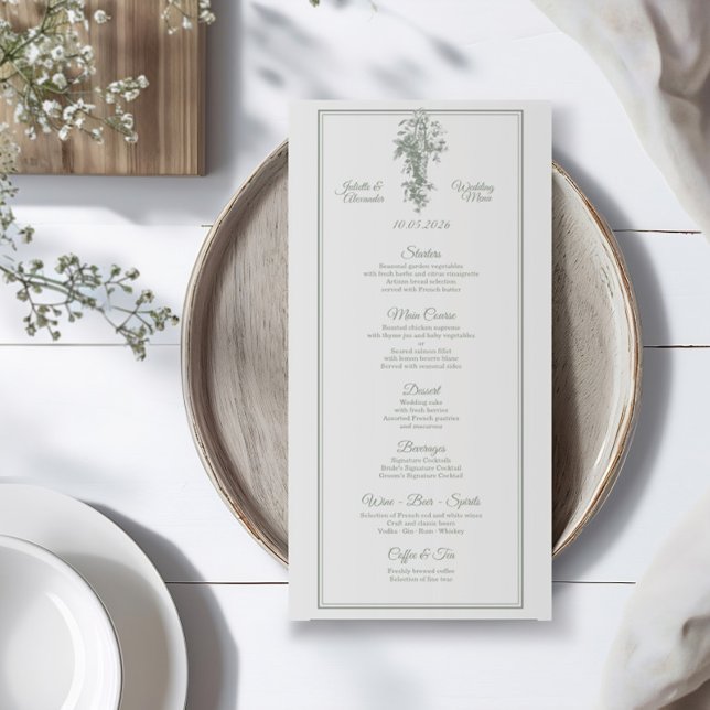 Sagegrå Toile de Jouy Bröllopsmenykort Meny (Skapare uppladdad)