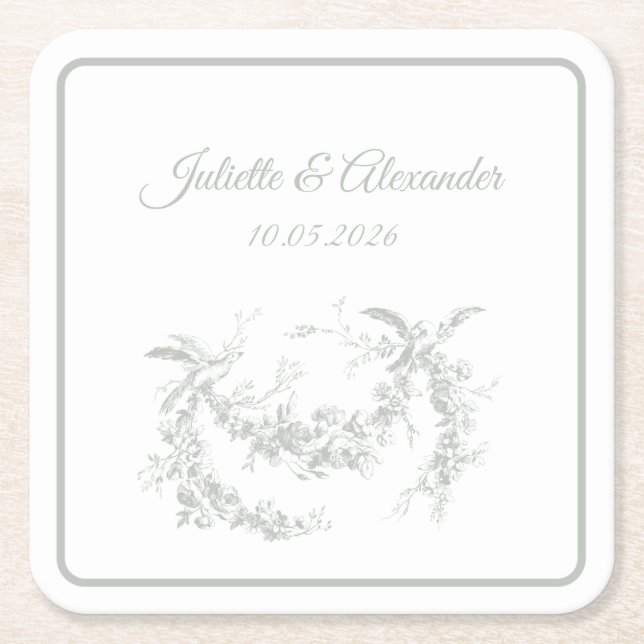 Sagegrå Toile de Jouy bröllopspappersunderlägg Underlägg Papper Kvadrat (Framsidan)