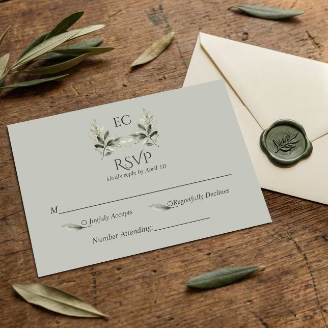 SageGreen Olive Branch Monogram Wedding OSA Kort (Skapare uppladdad)