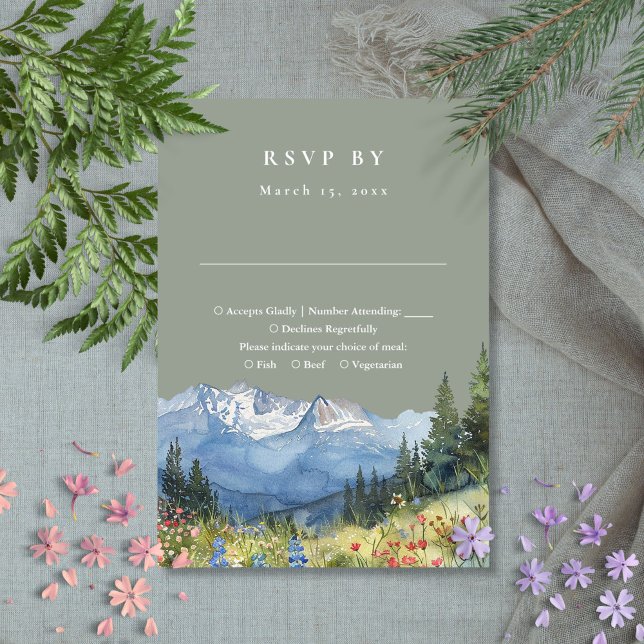 Sagegrön akvarell Berg Vildblomma Bröllop OSA Kort (Sage Green Watercolor Mountain Wildflower Wedding RSVP Card)