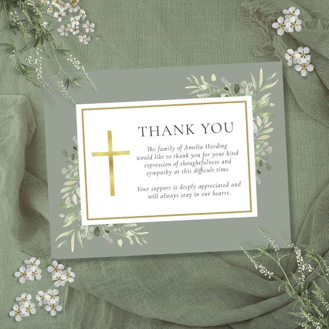Sagegrön akvarell grönska begravning kristen tack kort (Sage Green Watercolor Greenery Funeral Christian Thank You Card)