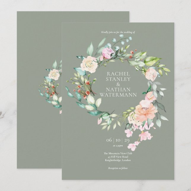 Sagegrön akvarell grönska blommande bröllop inbjudningar (Fram/baksida)