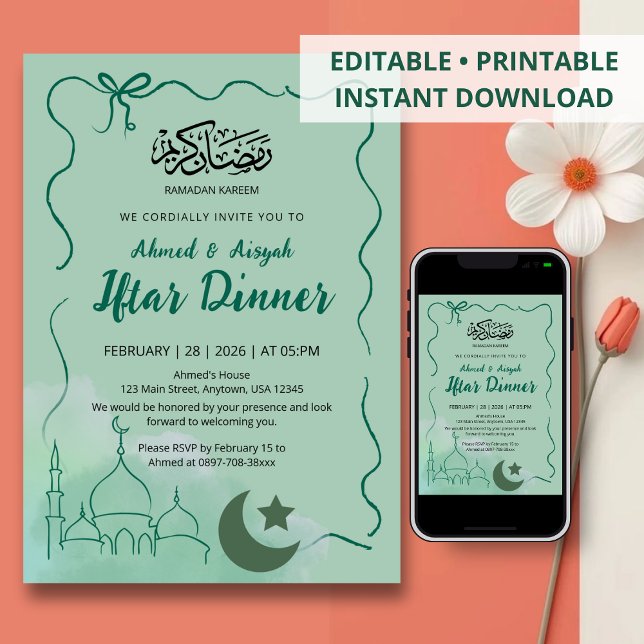 Sagegrön akvarell moské Iftar middag Inbjudningar (Skapare uppladdad)