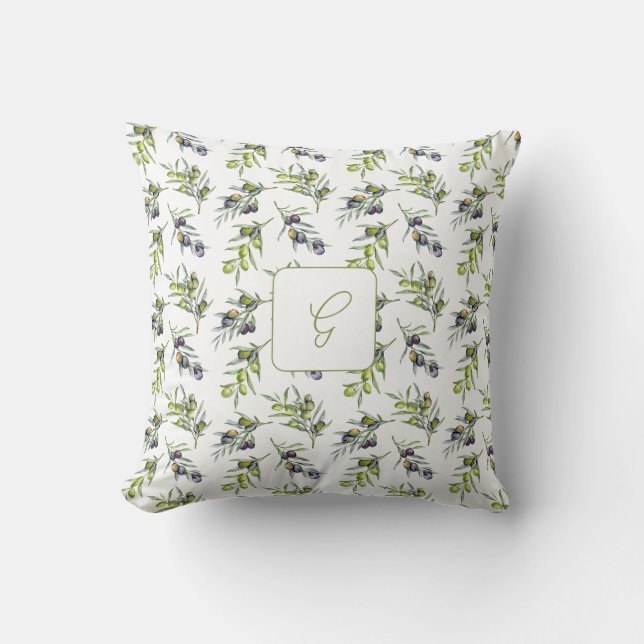 Sagegrön akvarell olivträd monogramnamn kudde (Framsida)