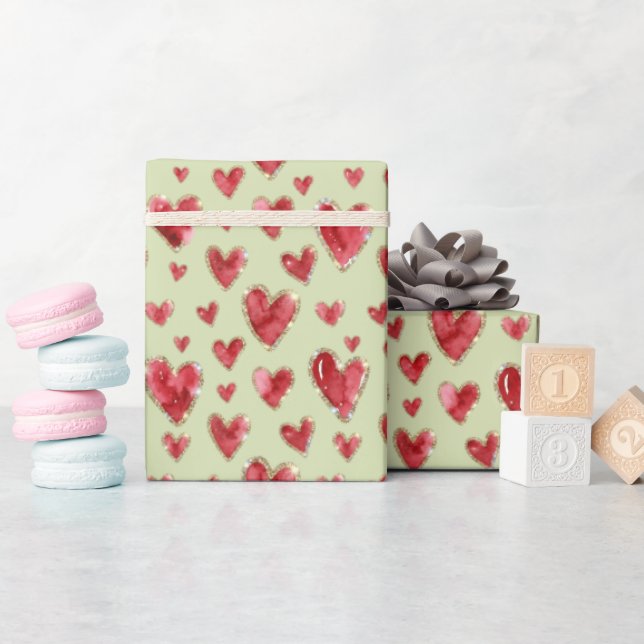 Sagegrön | Akvarellhjärtan med falskt glitter Presentpapper (Baby Shower)