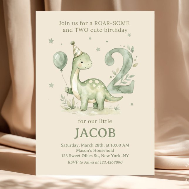 Sagegrön akvariefärg Dino 2-års födelsedag Inbjudningar (dinosaur 2nd birthday invitation, roarsome two invite, 2nd birthday dinosaur, dinosaur birthday invi)