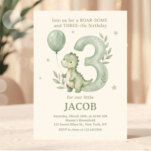 Sagegrön akvariefärg Dino 3-års födelsedag Inbjudningar