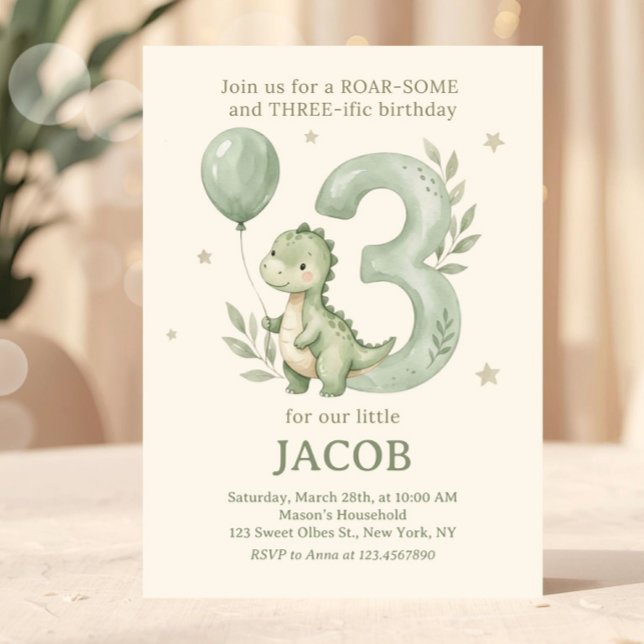 Sagegrön akvariefärg Dino 3-års födelsedag Inbjudningar (three rex dinosaur birthday, t rex 3rd birthday invite, dinosaur birthday party, 3 year old dino bir)