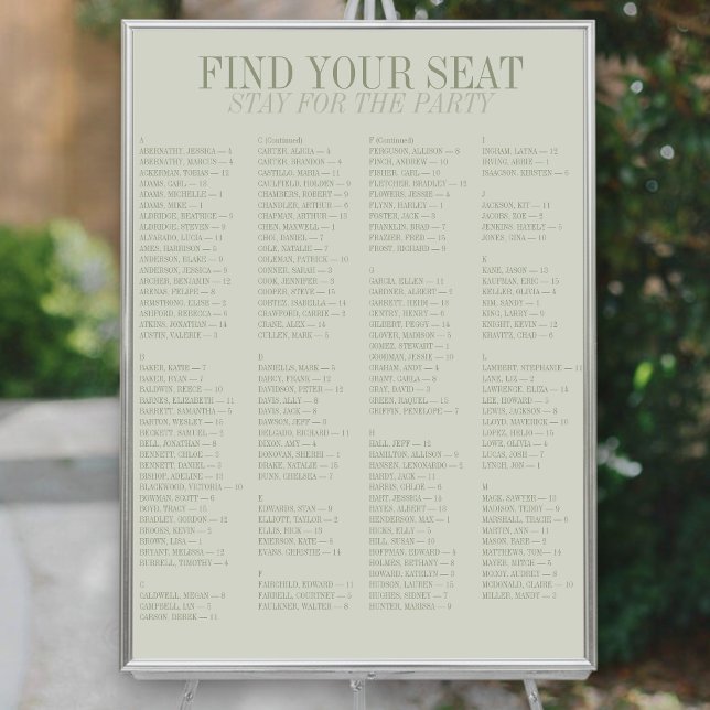 Sagegrön alfabetisk bröllopsställningskarta poster (Sage Green Alphabetical Wedding Seating Chart
)