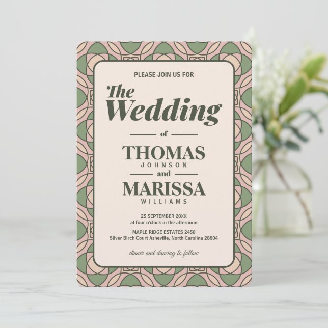 Sagegrön Art Deco bröllopsinbjudan QR-kod Inbjudningar (Stående Fram)