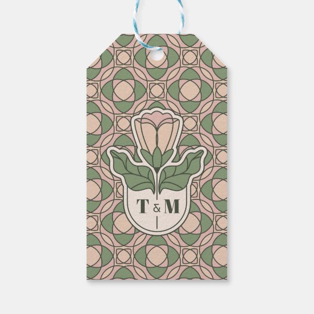 Sagegrön Art Nouveau presentetikett för bröllopsgå (Baksidan)