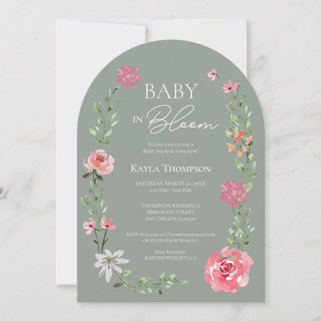 Sagegrön Baby Bloom Valvbåge Blommig Bebis Shower  Inbjudningar (Framsida)