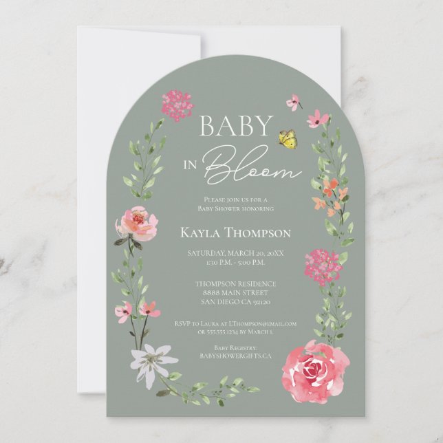 Sagegrön Baby Bloom Valvbåge Blommig Bebis Shower  Inbjudningar (Framsida)