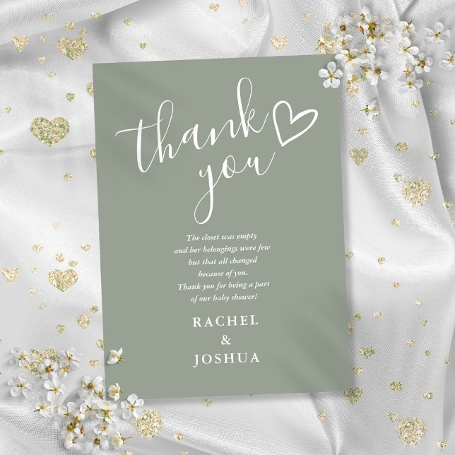 Sagegrön baby shower-manus hjärt-dikt tack kort (Sage Green Baby Shower Script Heart Poem Thank You Card)