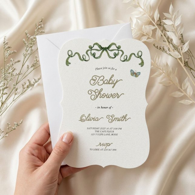 Sagegrön baby shower med rosett inbjudningar (Skapare uppladdad)