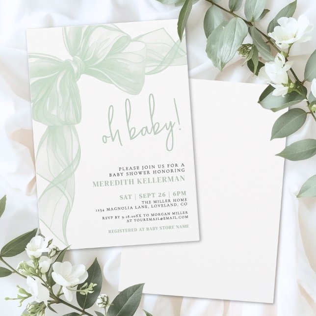 Sagegrön båg-barnkalas inbjudningar (Sage Green Bow Baby Shower Invitation)