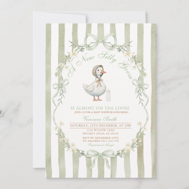 Sagegrön båge dum gås baby BADKAR Invitation Inbjudningar (Framsida)
