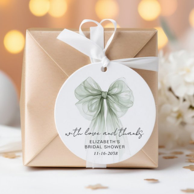 Sagegrön båge Vattenfärg Bröllopsdusch Tack  Gåvor Etiketter (Sage Green Bow Watercolor Bridal Shower Thank You Favor Tags)