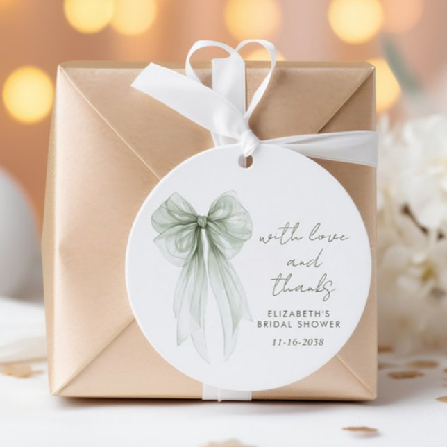 Sagegrön båge Vattenfärg Bröllopsdusch Tack Gåvor Etiketter (Sage Green Bow Watercolor Bridal Shower Thank You Favor Tags)