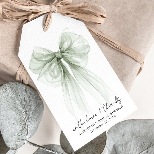 Sagegrön båge Vattenfärg Bröllopsdusch Tack Presentetikett (Sage Green Bow Watercolor Bridal Shower Thank You Gift Tags)