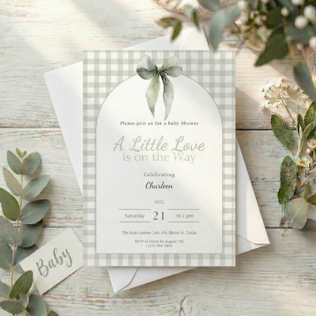 Sagegrön bandad gingham baby shower inbjudningar (Sage green ginghan bow baby shower invitation )