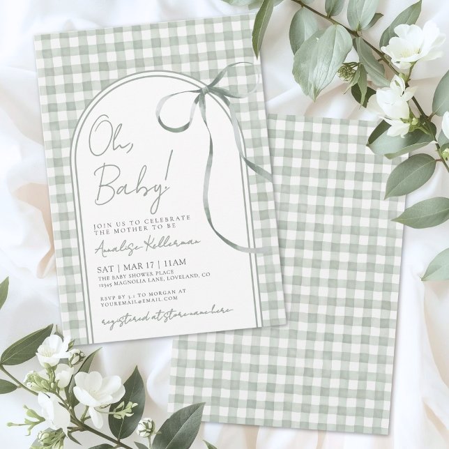 Sagegrön bandgimdalbabyshower inbjudningar (Sage Green Bow Gingham Baby Shower Invitation)