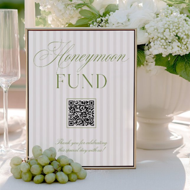 Sagegrön & Beige Bröllopsfond QR-kod skylt (Sage Green & Beige Honeymoon Fund QR Code Sign)