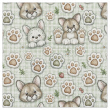 Sagegrön Beige Gingham Söt Katt Tass Tryck Quilt