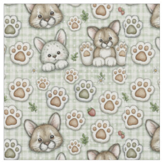Sagegrön Beige Gingham Söt Katt Tass Tryck Quilt Tyg