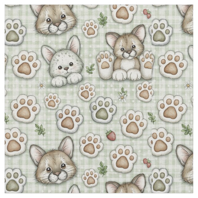 Sagegrön Beige Gingham Söt Katt Tass Tryck Quilt Tyg (Närbild)